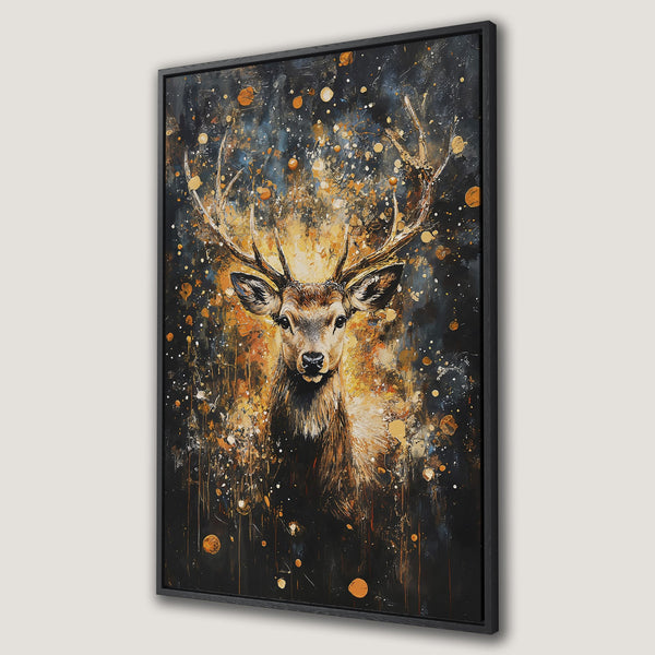 Framed Wall Art: Majestic deer portrait in abstract style with a dark, gold, and brown color palette. Perfect statement piece for your home decor!