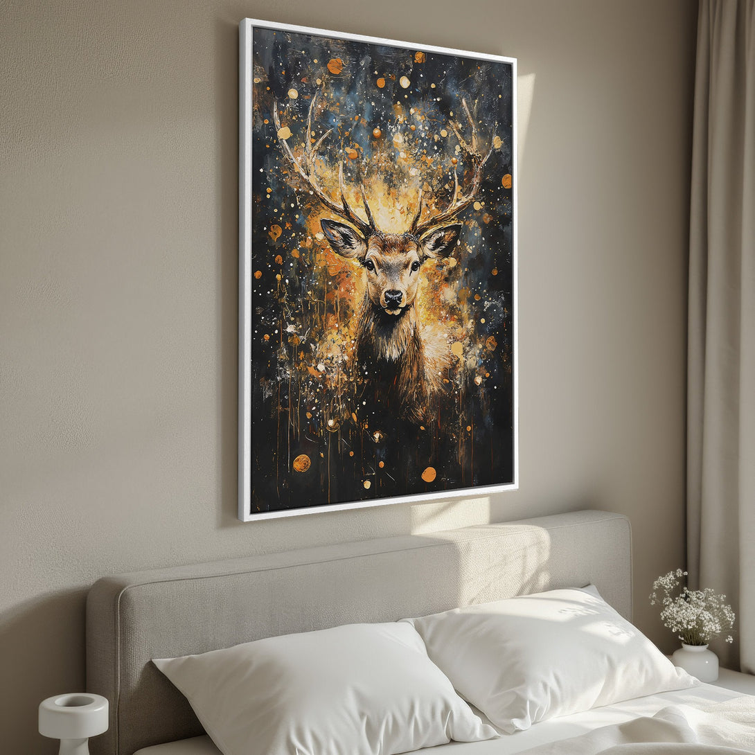Framed Wall Art: Majestic deer art print in a modern, abstract style with a warm gold and black color palette. Perfect for bedroom decor.