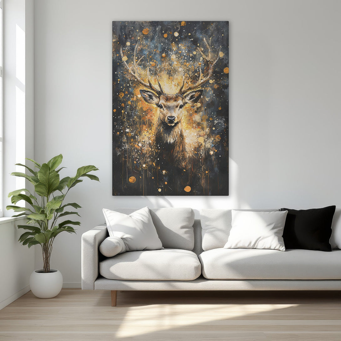 Framed Wall Art: Majestic deer portrait in a modern, abstract style with a warm gold and black color palette. Elevate your space with this stunning canvas print!