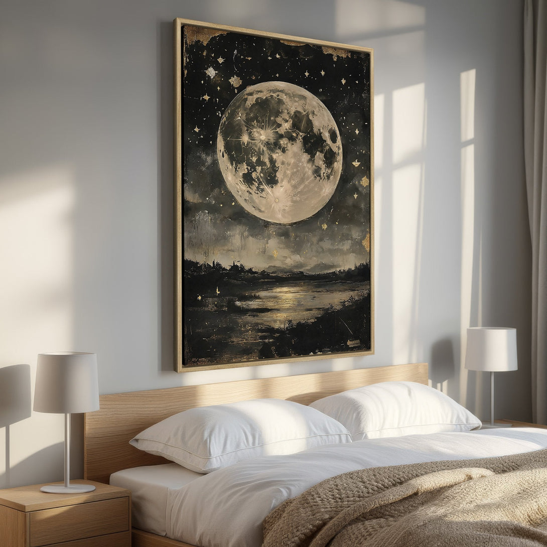 Framed Wall Art: Stunning moonlit landscape painting in a bedroom. Dark, moody color palette with gold accents. Perfect for adding a touch of celestial art.