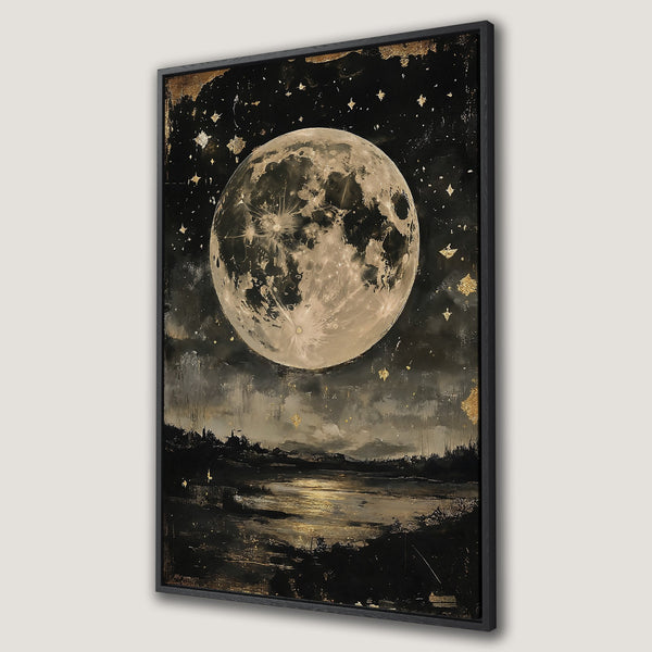 Framed Wall Art featuring a stunning full moon over a landscape. Dark, moody painting with gold accents. Perfect for adding a touch of celestial art to your home.