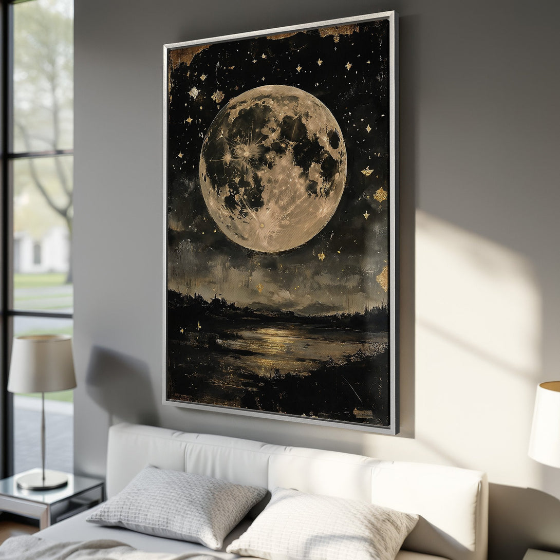 Framed Wall Art: Dramatic moonlit landscape Canvas Print in black, gold, and beige. Adds a touch of celestial elegance to any interior. Shop now!