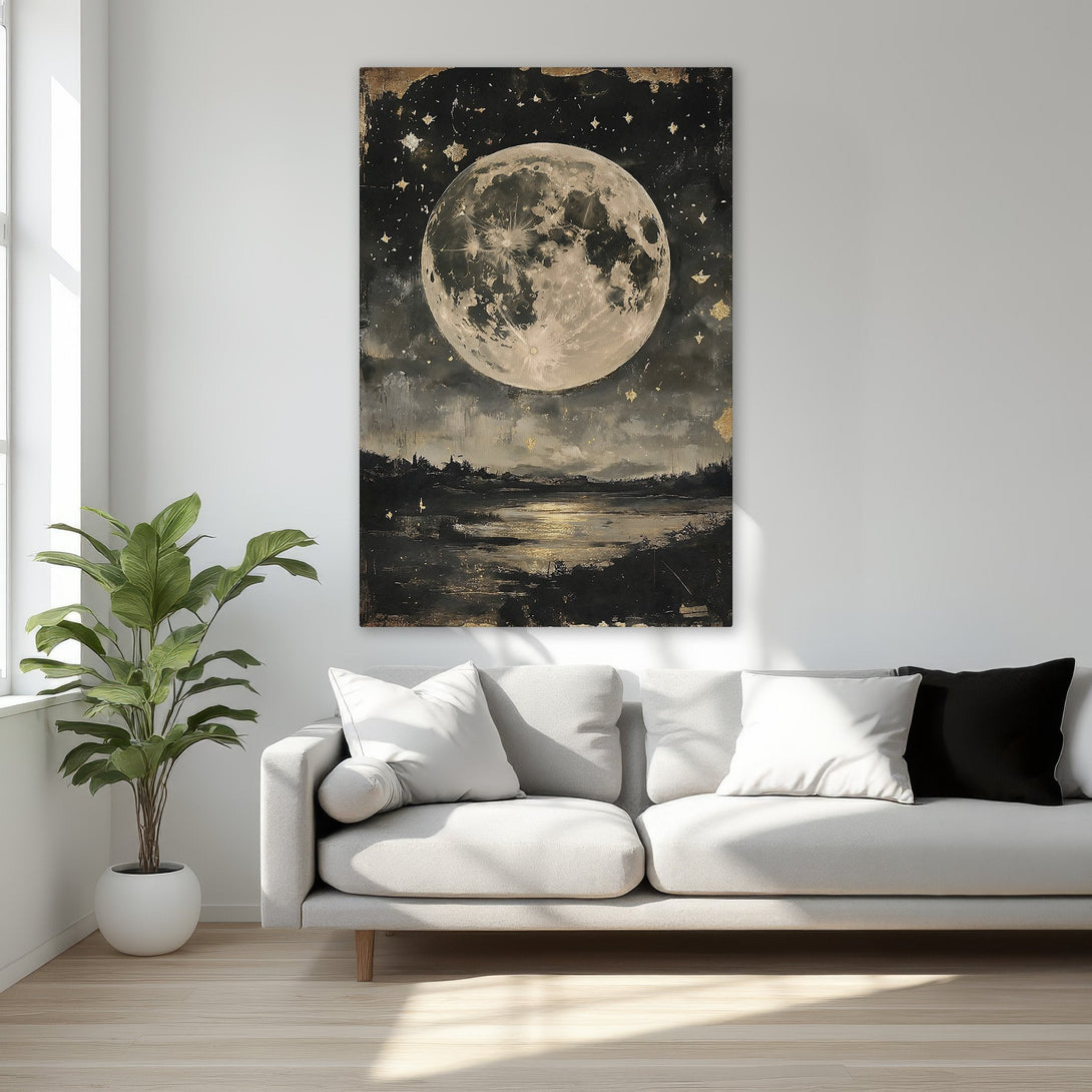 Framed Wall Art: Stunning moonlit landscape canvas print in black, gold, and beige. Perfect for adding a touch of elegance to your bedroom decor.