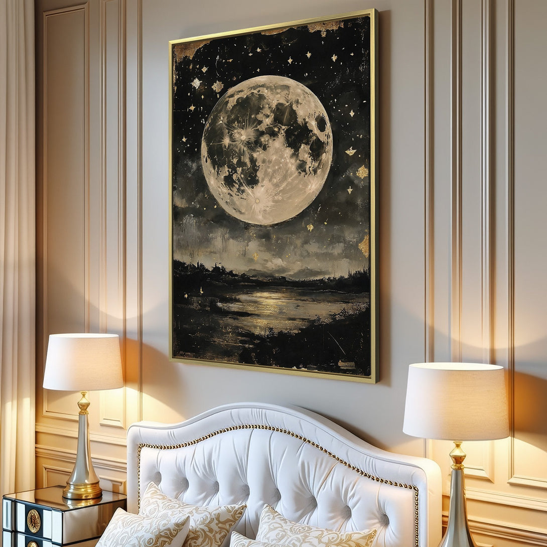 Canvas Print of a full moon over a landscape, in a moody, painterly style. Features a dark, neutral color palette with gold accents.