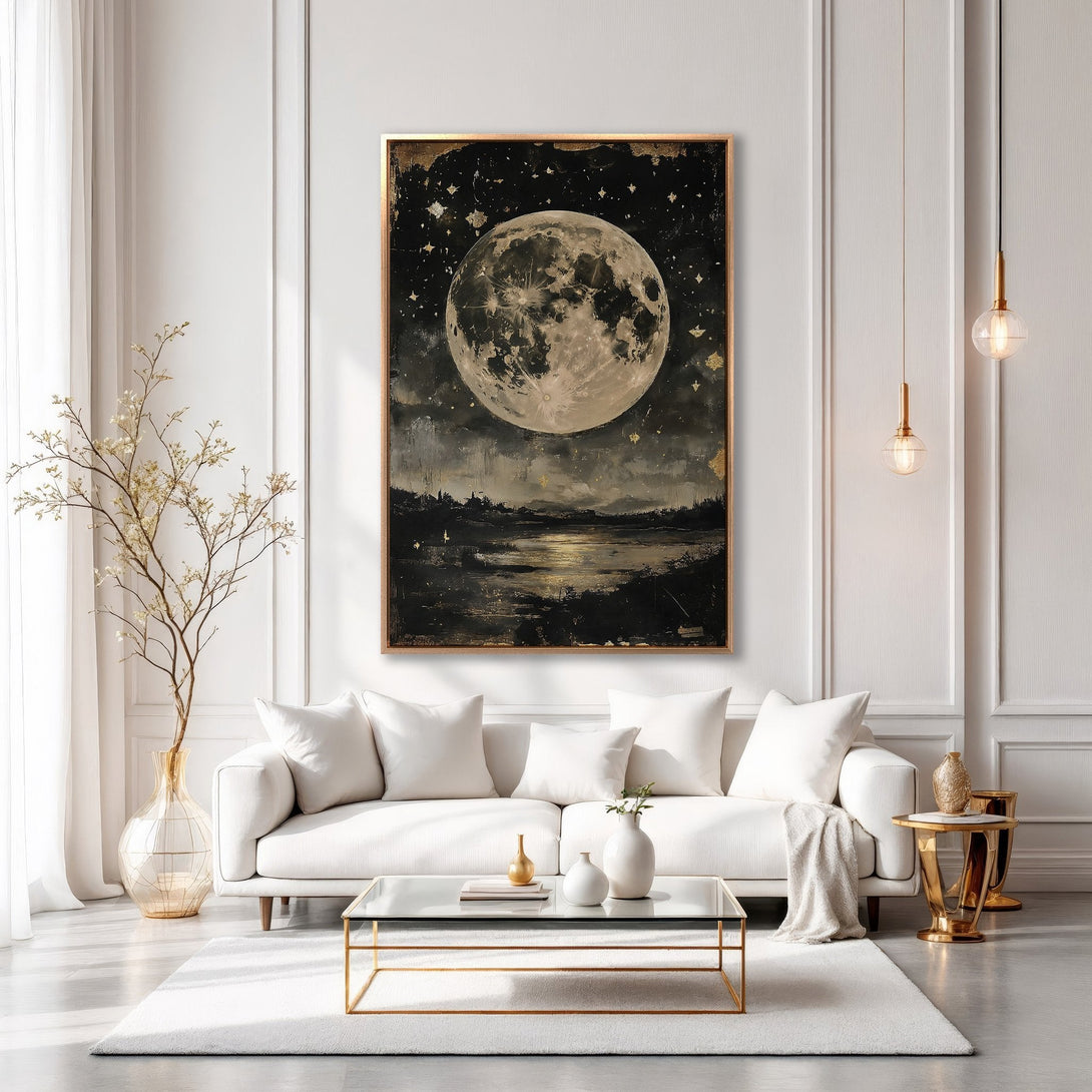 Framed Wall Art: Stunning moonlit landscape painting in a gold frame. Evokes a serene, celestial vibe with a dark, moody, and gold color palette. Perfect for any space.
