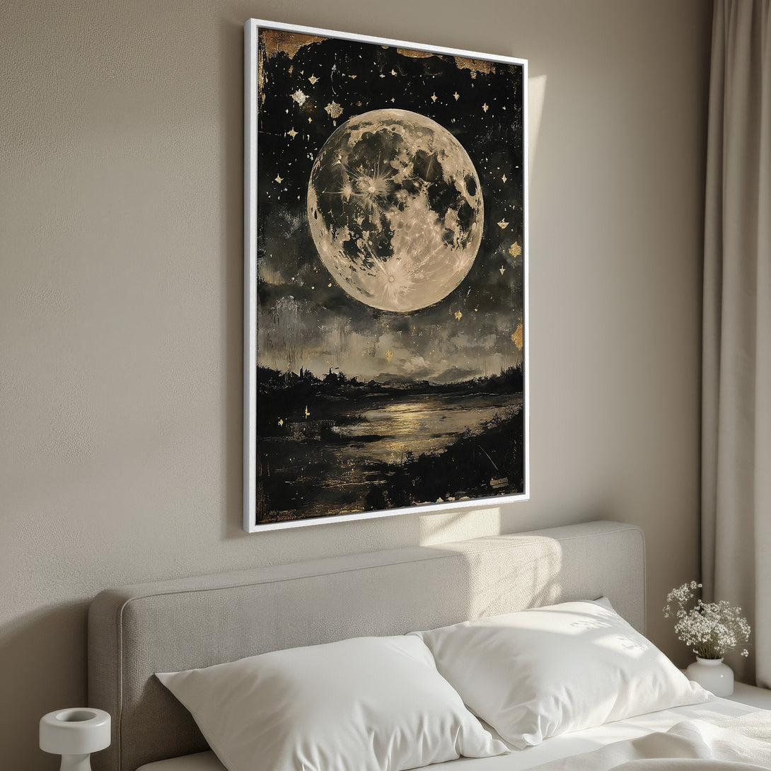 Framed Wall Art featuring a stunning moonlit landscape in black, gold, and neutral tones. Perfect for adding a touch of celestial elegance to your bedroom decor.