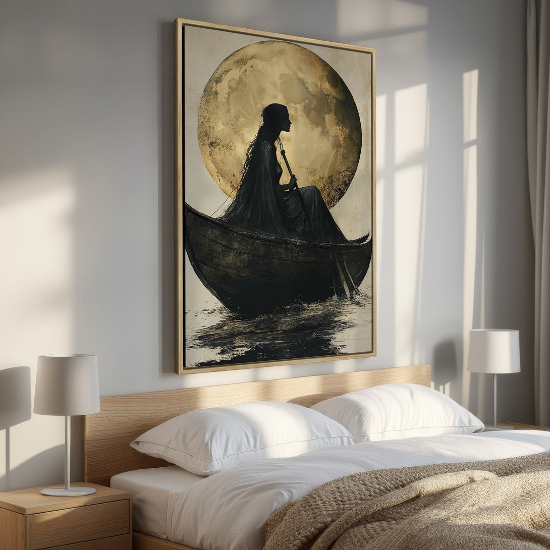 Framed Wall Art: Silhouette in boat against golden moon. Dramatic black & gold artwork adds a touch of mystery to any room. Perfect bedroom decor.