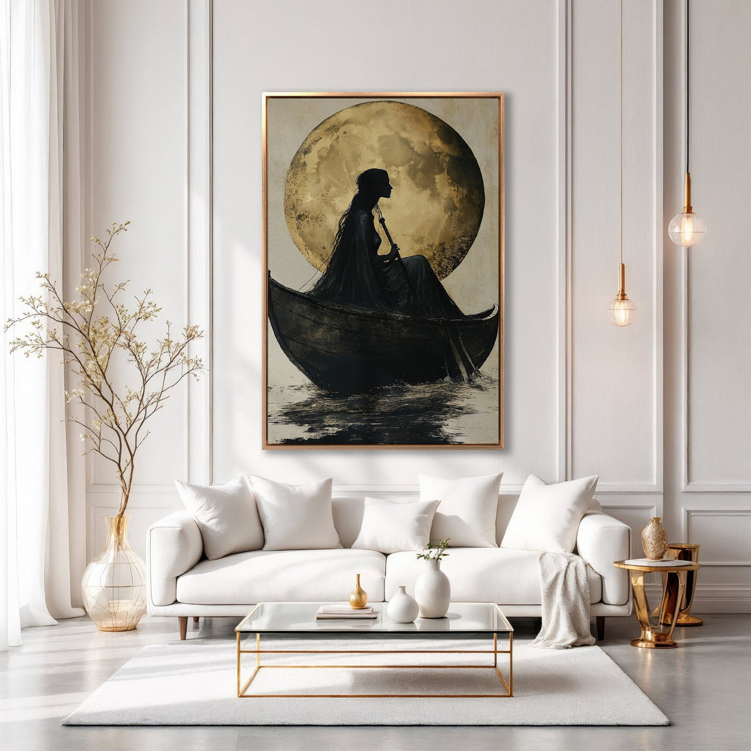 Framed Wall Art: Silhouette in boat against golden moon. Elegant artwork in black and gold tones. Perfect for adding a touch of sophistication to your home.