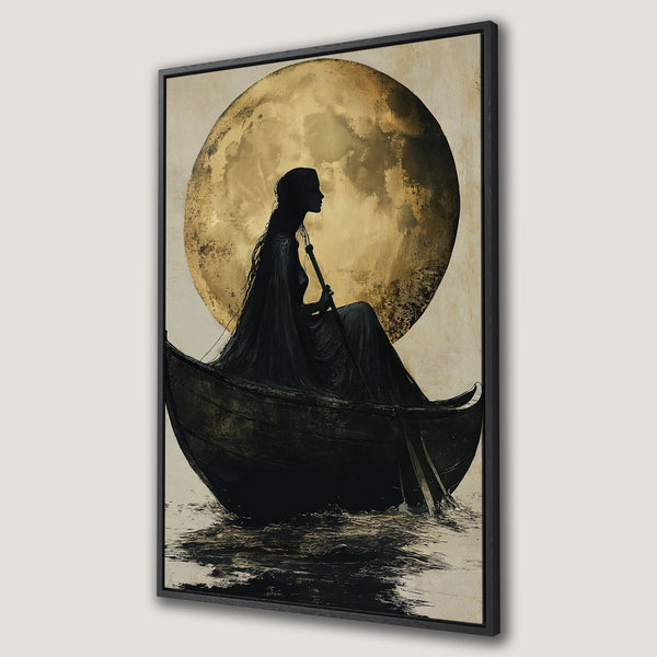 Framed Wall Art: Silhouette of woman in boat against golden moon. Dark, moody art print with black, gold, and beige tones. Perfect for adding a touch of mystery.