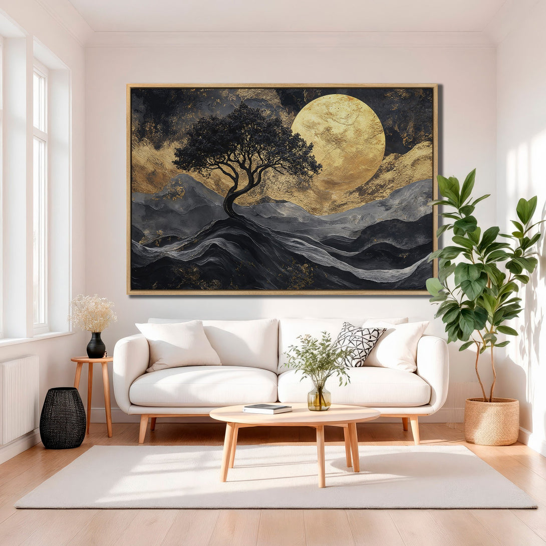 Framed Wall Art: Stunning abstract landscape canvas print featuring a black tree, golden moon, and dramatic black & gold color palette. Elevate your space today!