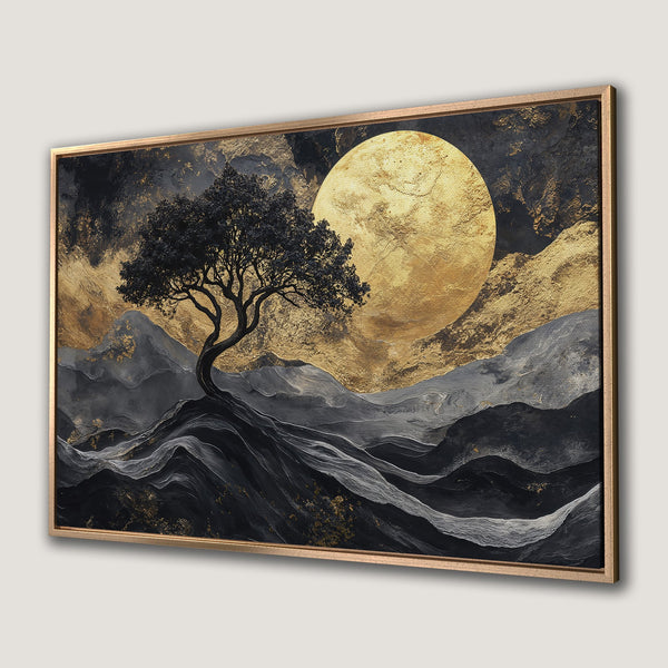 Framed Wall Art: Abstract landscape with a tree and moon in black, gold, and grey. Elevate your space with this stunning canvas print.