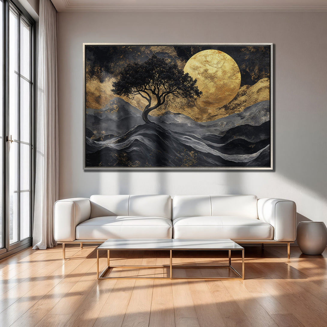 Framed Wall Art: Abstract landscape with tree, moon, and gold accents. Modern art in black, gold, and gray tones. Perfect for living room decor.