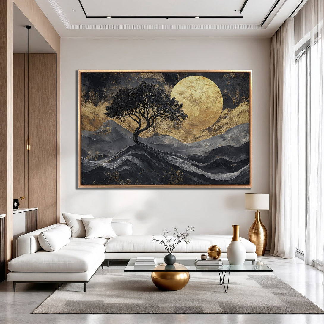 Framed Wall Art: Abstract landscape painting with a tree and moon in gold, black, and gray. Modern art for your living room decor.