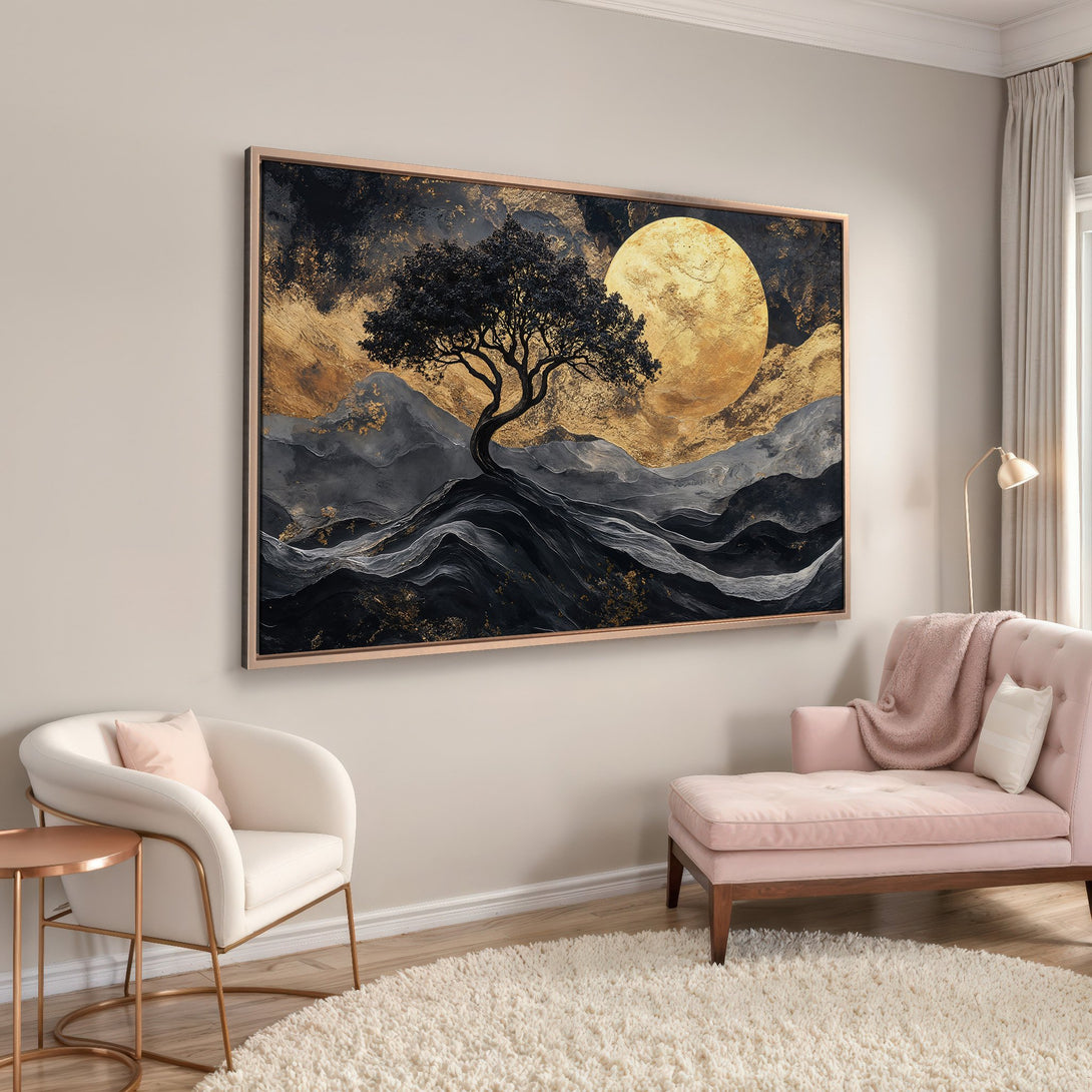 Framed Wall Art: Abstract landscape Canvas Print with a tree, moon, and mountains in black, gold, and gray tones, perfect for modern decor.