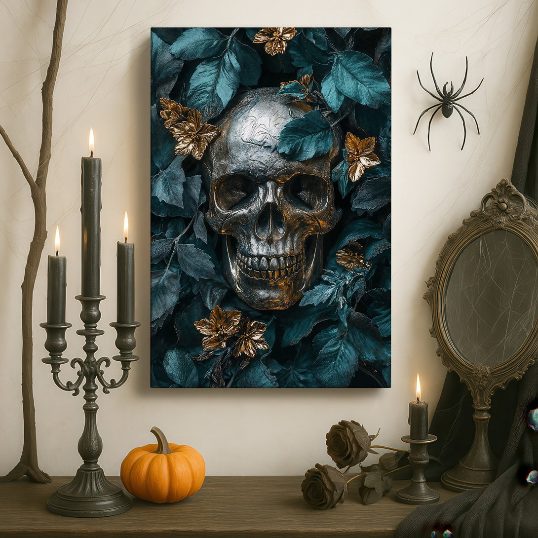 Framed Wall Art: Gothic skull print with gold accents. Dark teal and gold color palette. Perfect for adding a touch of luxury and mystery to your space.