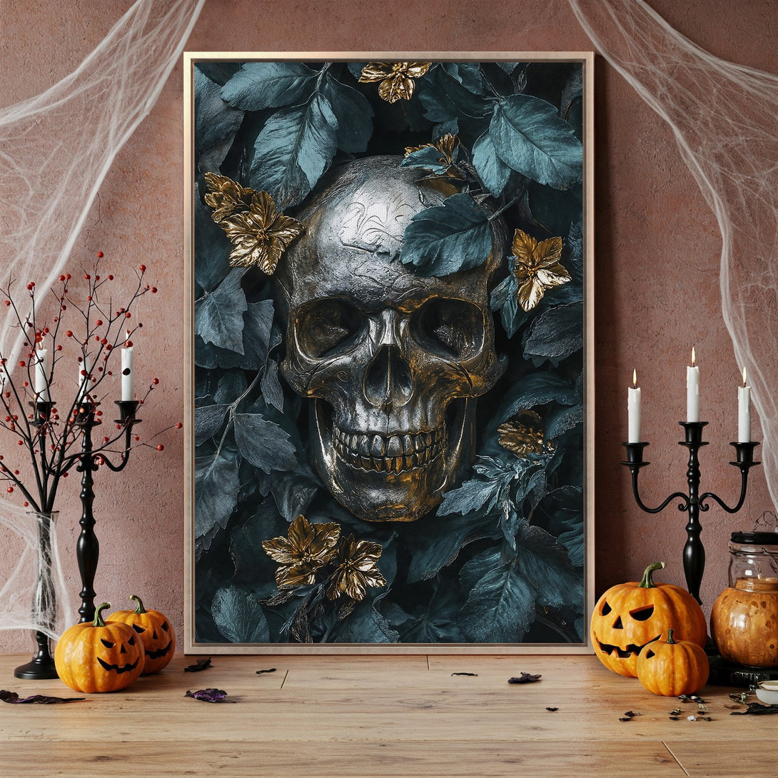 Framed Wall Art: Gothic skull Canvas Print with teal and gold accents. Perfect Halloween decor! Dark, moody style with a touch of elegance.