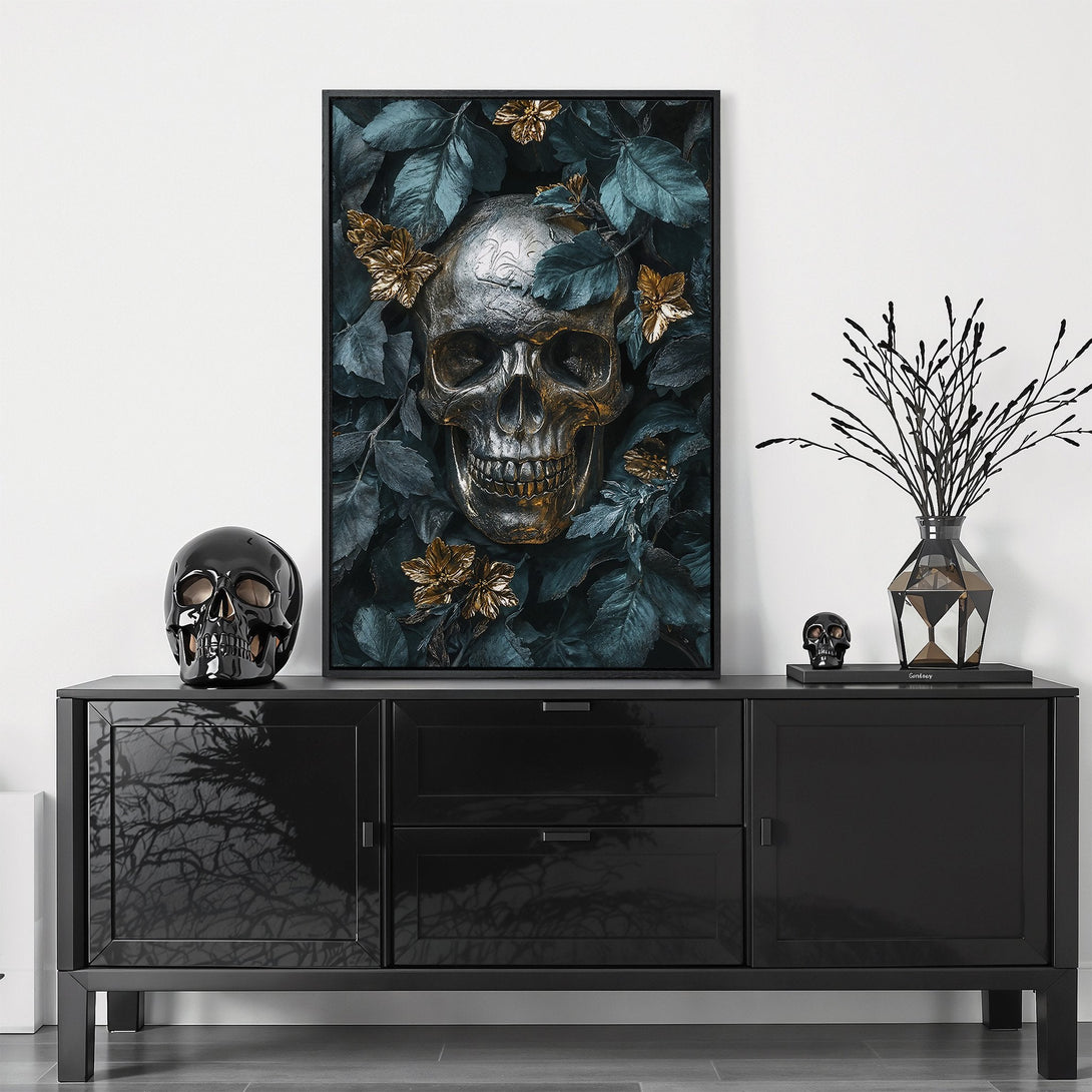 Framed Wall Art featuring a metallic skull and gold flowers in a dark teal and gold color palette, perfect for a gothic or modern interior.