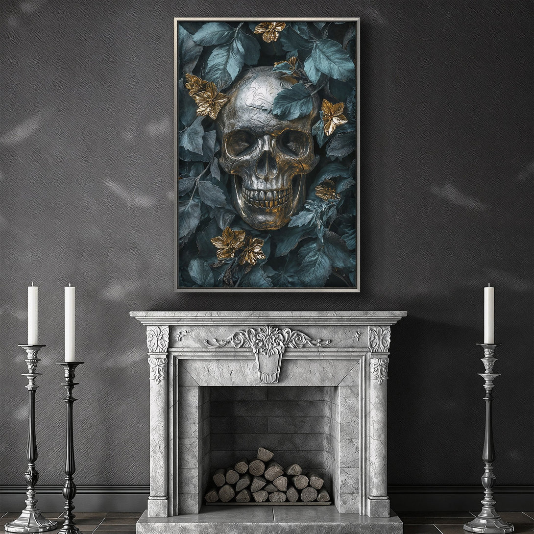 Framed Wall Art: Skull & floral design in a dark teal and gold color palette. Gothic style canvas print for a dramatic interior.