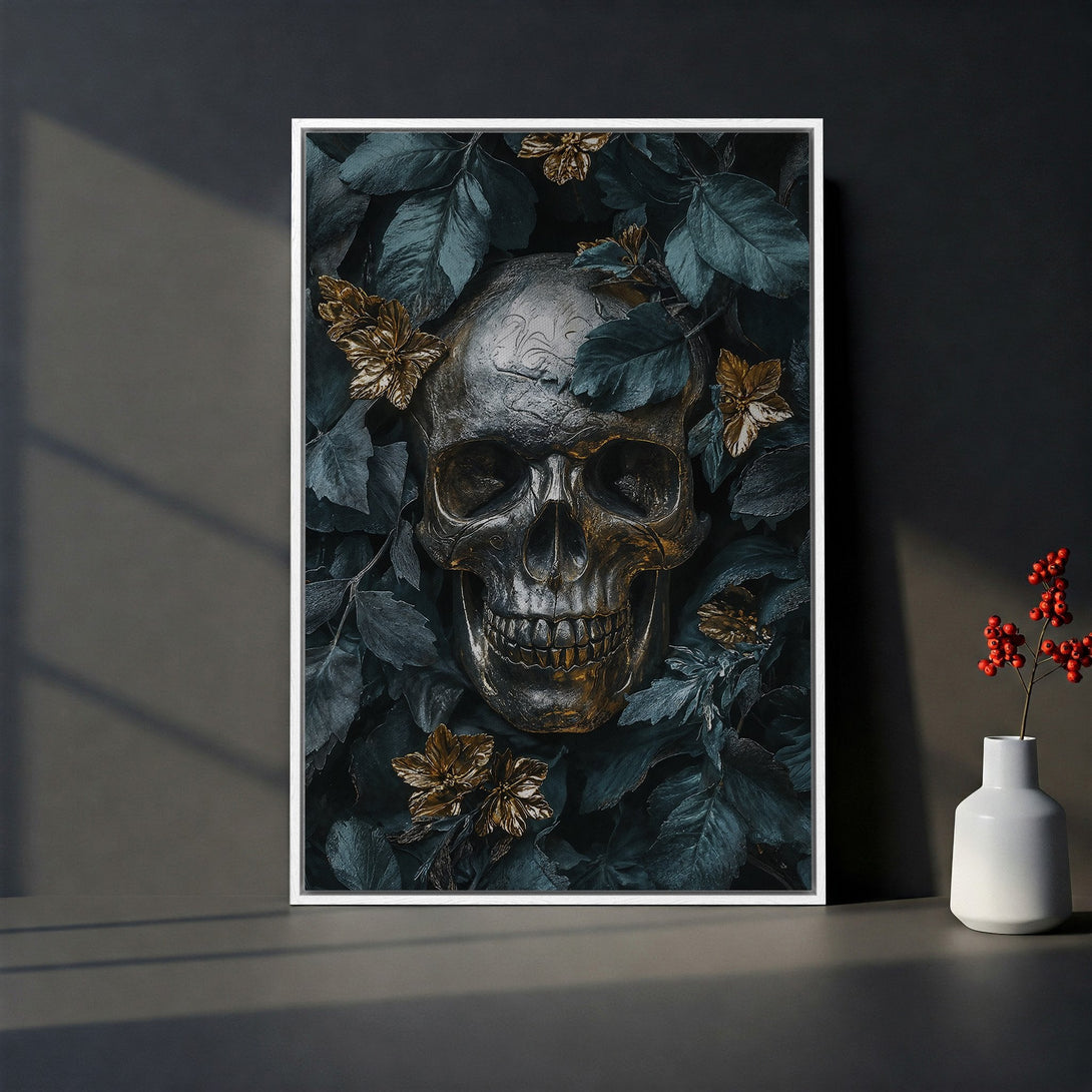 Framed Wall Art featuring a metallic skull surrounded by dark teal foliage and gold accents. Modern, moody decor in a dark, elegant color palette.
