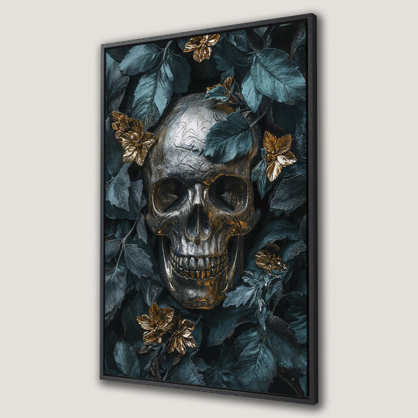 Framed Wall Art: Gothic skull print with gold accents on teal foliage. Dramatic wall decor for a modern, edgy interior.