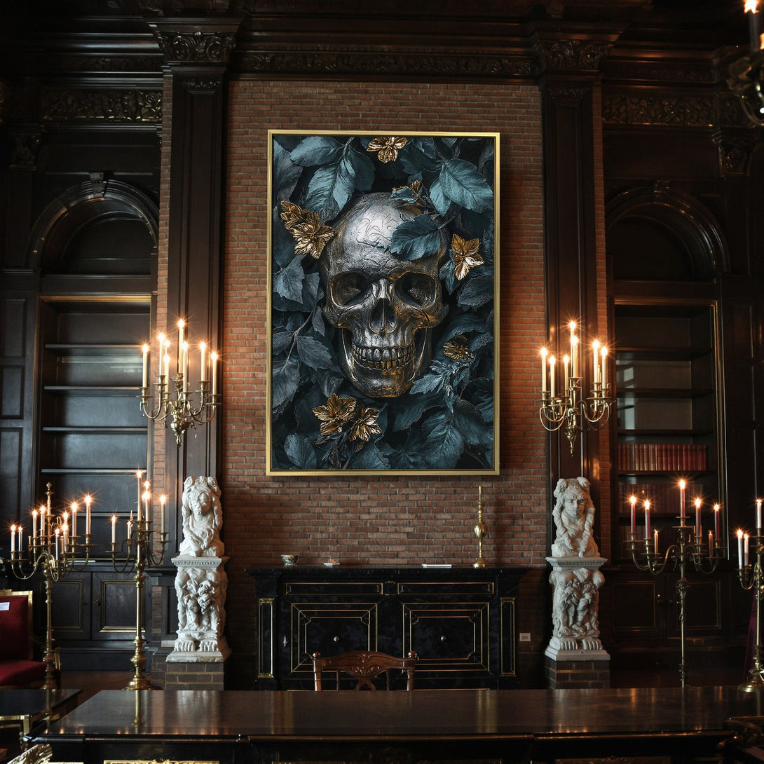 Canvas Print featuring a metallic skull in teal leaves with gold accents. Gothic style wall art. Dark, moody color palette for Halloween decor.