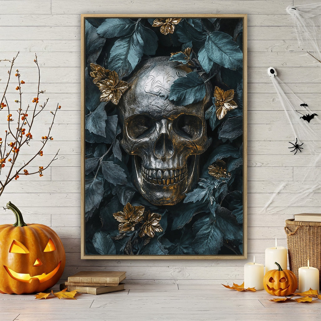 Framed Wall Art: Metallic skull art print with teal and gold floral elements. Perfect Halloween decor. Adds a touch of gothic elegance to any space.