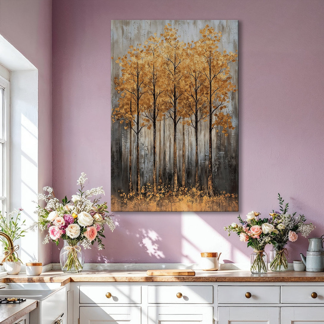 Framed Wall Art: Abstract gold tree painting in a modern interior. Stunning gold and grey color palette. Perfect for living room decor.