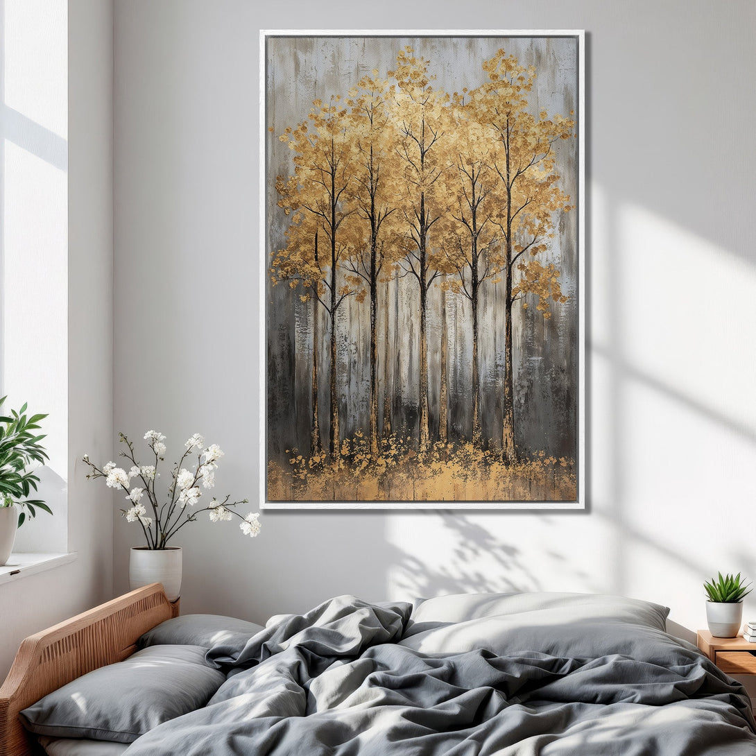 Framed Wall Art of golden trees on a gray background. Modern abstract art in a bedroom setting. Enhance your space with this stunning canvas print.
