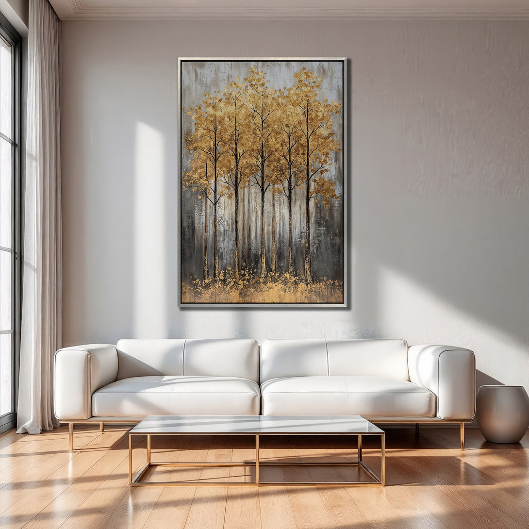 Framed Wall Art: Abstract gold trees on a gray backdrop. Modern art canvas print with a warm, neutral color palette, perfect for living room decor.