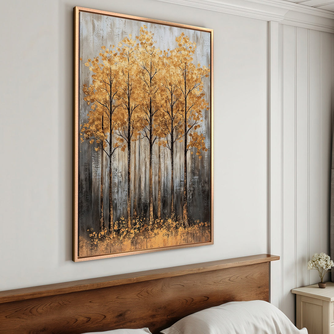 Framed Wall Art featuring a golden tree painting. Modern abstract style with gold, gray, and black color palette. Perfect for bedroom decor.