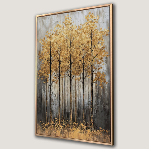Framed Wall Art featuring a golden tree painting. Modern abstract style with a gold, gray and black color palette. Perfect for adding elegance to any space.