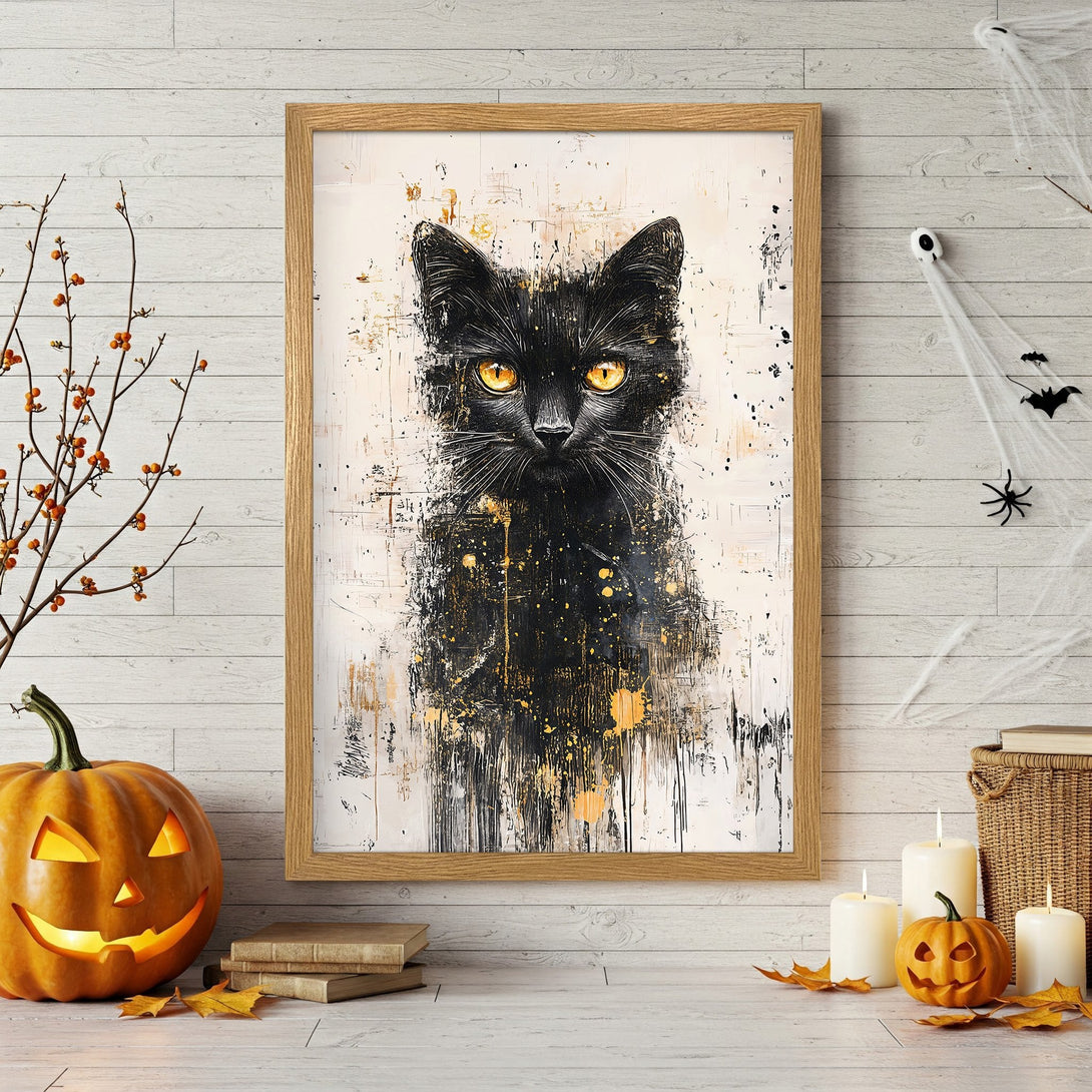 Framed Poster featuring a striking black cat with yellow eyes, abstract style, black, white, and gold color palette. Perfect Halloween decor!