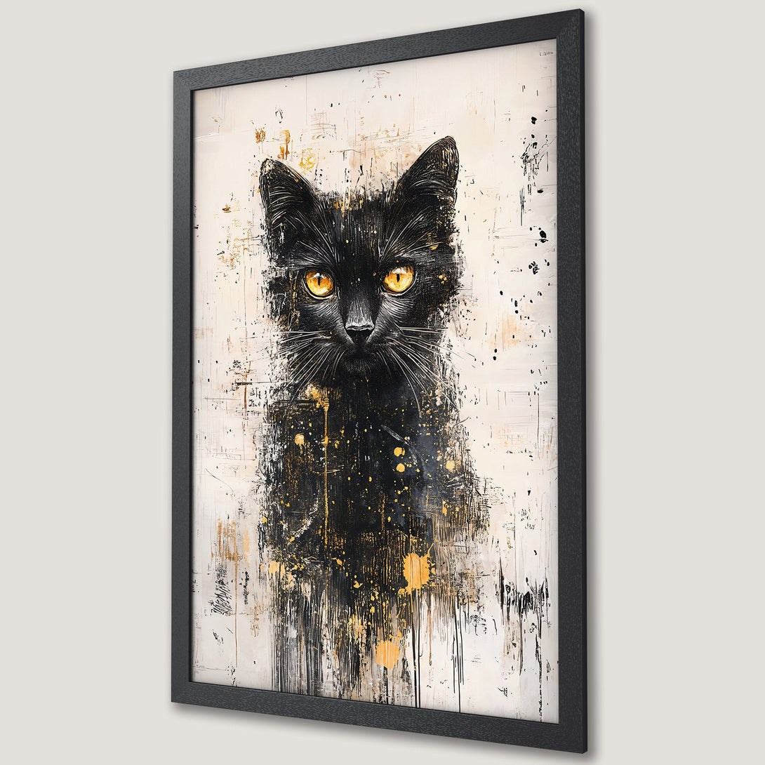 Framed Poster featuring a black cat with gold eyes. Abstract style, black, white, and gold color palette. Perfect wall art for cat lovers.