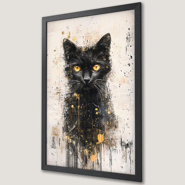 Framed Poster featuring a black cat with gold eyes. Abstract style, black, white, and gold color palette. Perfect wall art for cat lovers.