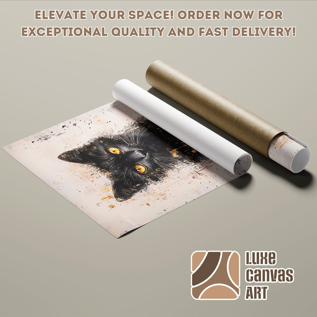 Poster Roll featuring a black cat art print, artistic style, neutral color palette. Order now!