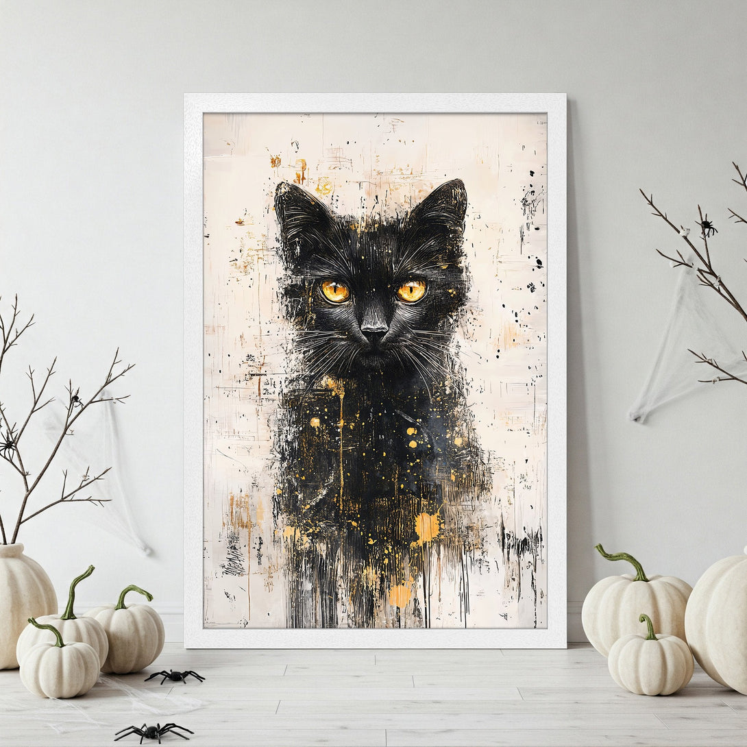 Framed Poster featuring a black cat with gold eyes, abstract style, and a neutral, Halloween-themed color palette. Add spooky art to your home!