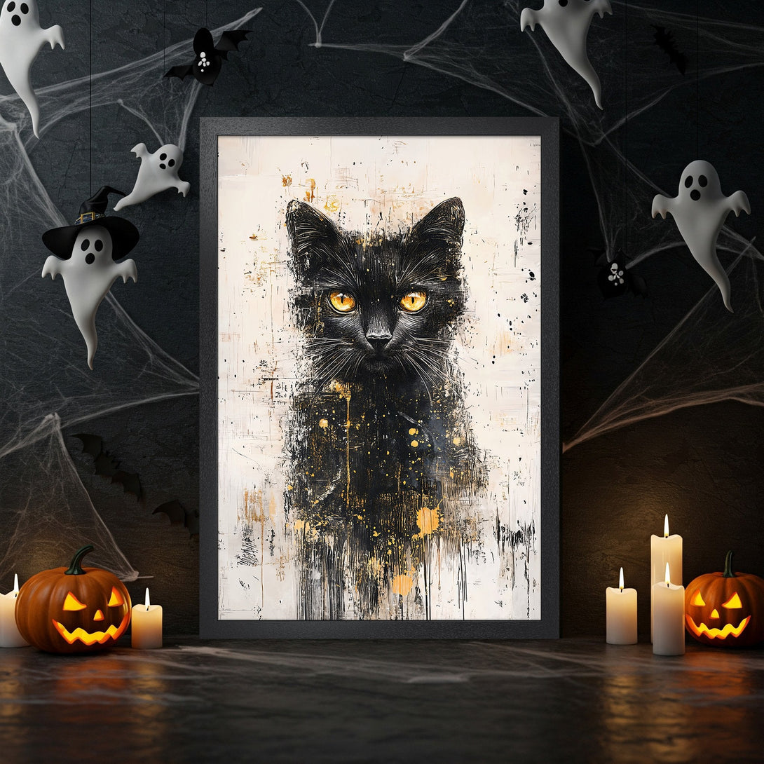 Framed Poster featuring a black cat with gold eyes. Abstract art style, black, white, and gold color palette. Perfect Halloween decor.