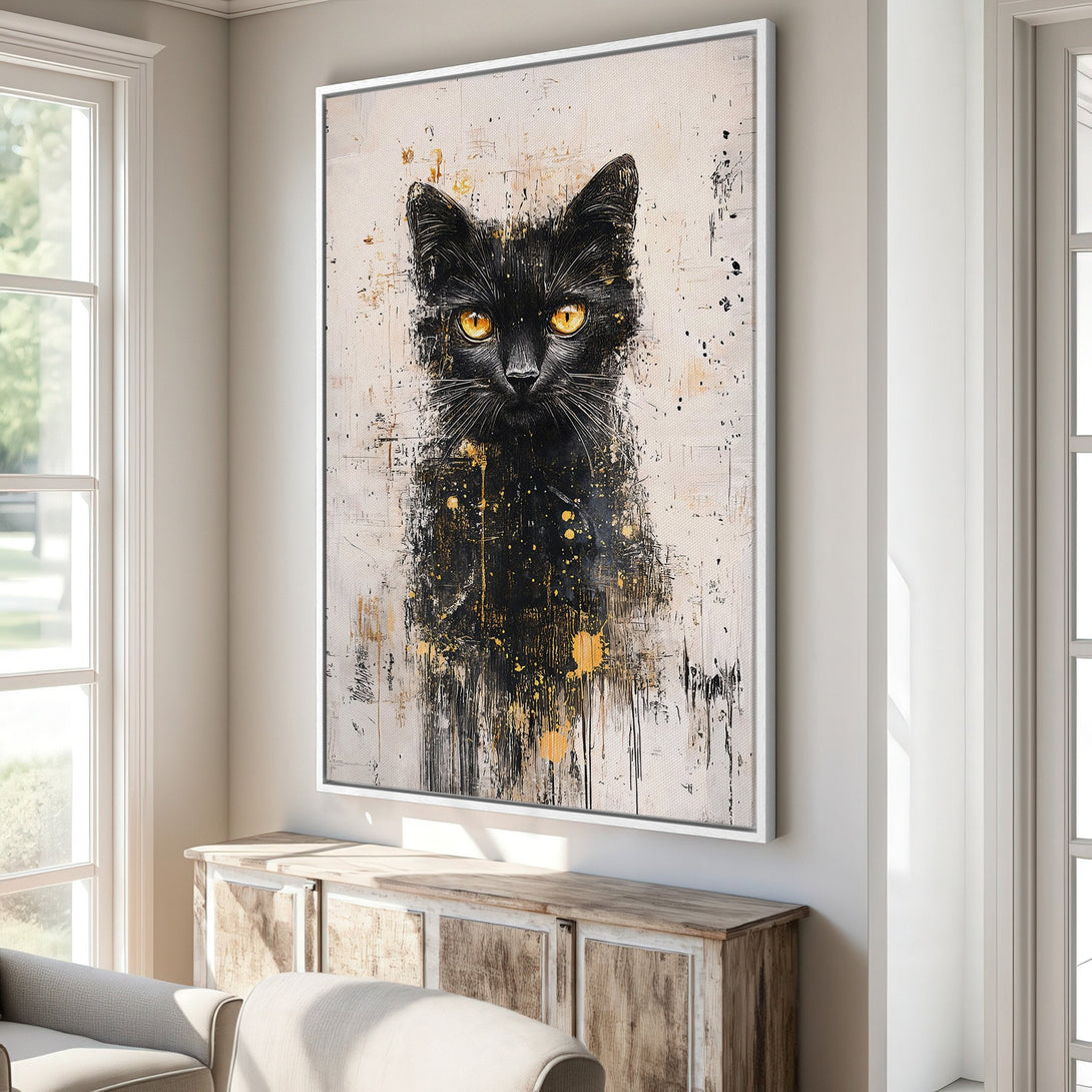 Framed Wall Art featuring a striking black cat portrait in an abstract style. Neutral color palette with pops of gold creates a modern, artistic statement.