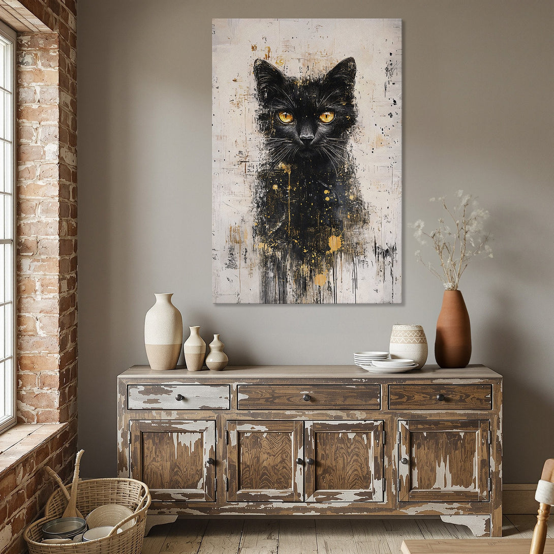 Framed Wall Art: Abstract black cat portrait with gold accents. Modern art in a neutral interior with a warm color palette. Perfect for home decor.