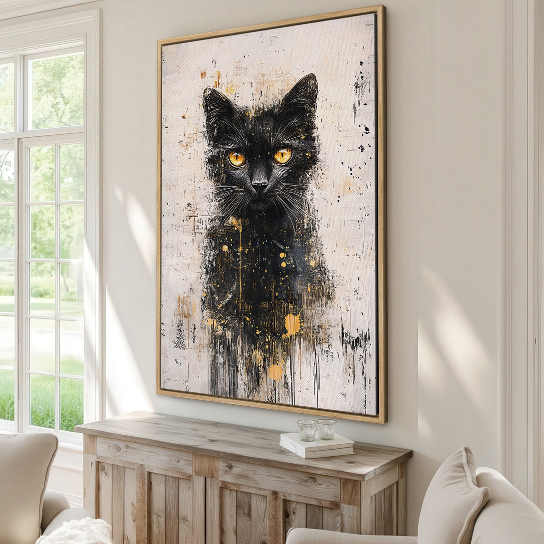 Framed Wall Art featuring a striking black cat portrait in an abstract style with a black, gold, and white color palette. Perfect for modern home decor.
