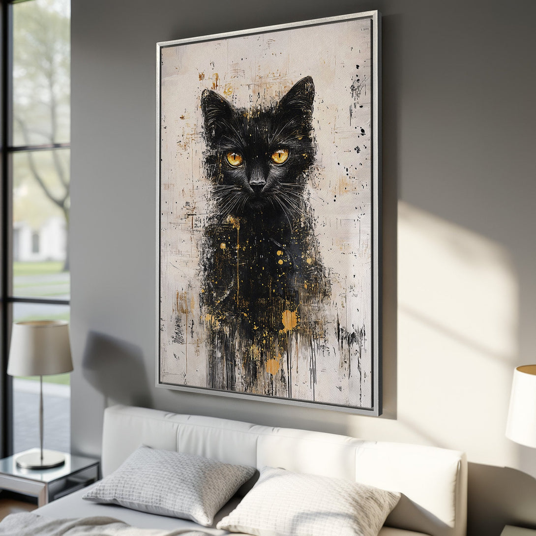 Framed Wall Art: Abstract black cat portrait with gold accents. Modern art Canvas Print in neutral color palette, perfect for bedroom decor.