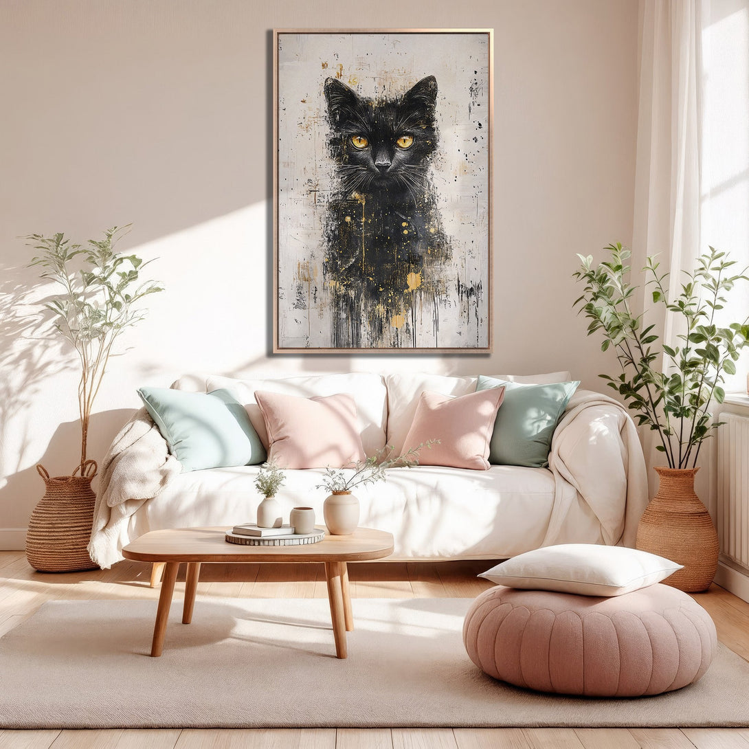 Framed Wall Art: Abstract black cat painting with gold accents, displayed in a cozy, neutral-toned living room. Perfect for modern home decor.