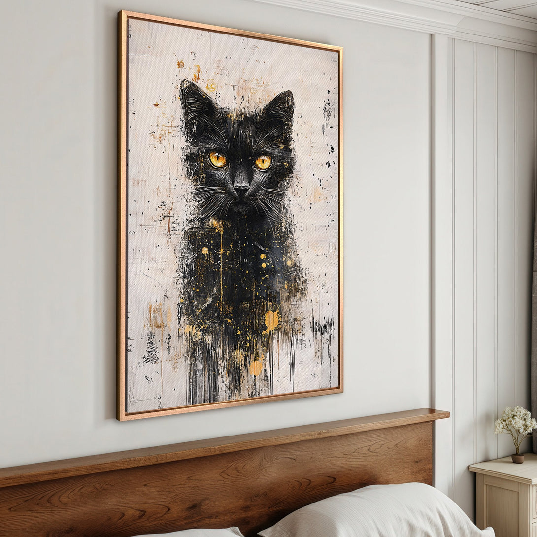 Framed Wall Art: Abstract black cat portrait with gold accents. Modern art canvas print in a bedroom setting. Neutral color palette.