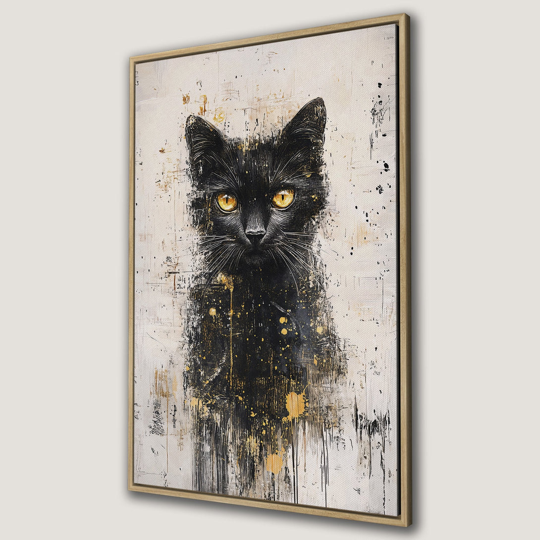 Framed Wall Art: Abstract black cat portrait. Modern canvas print with a striking black, gold, and white color palette. Perfect for adding artistic flair to any space.