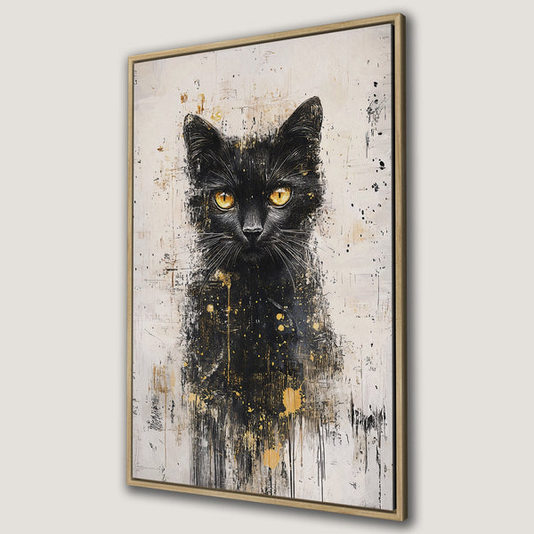 Framed Wall Art: Abstract black cat portrait. Modern canvas print with a striking black, gold, and white color palette. Perfect for adding artistic flair to any space.