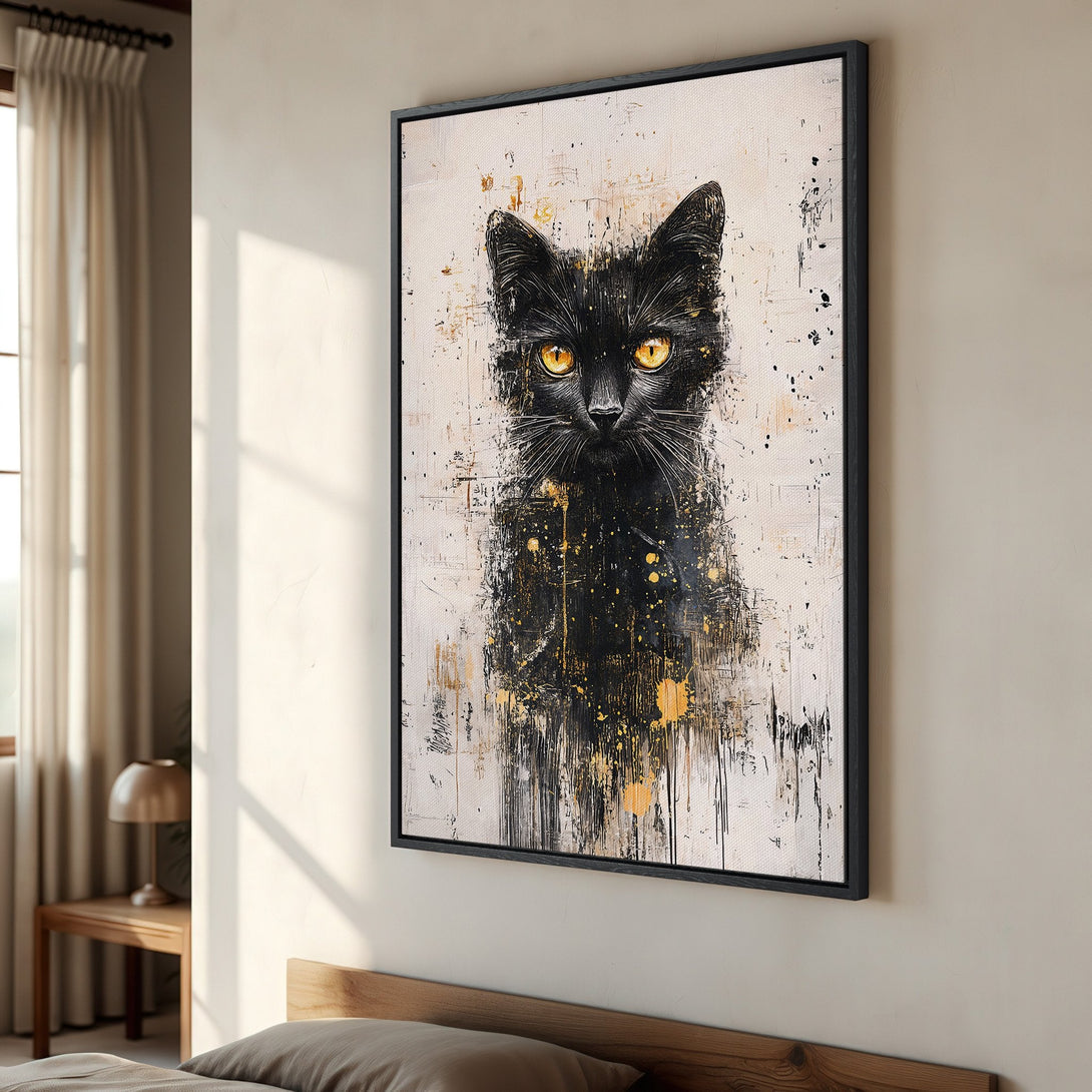 Framed Wall Art featuring a striking black cat portrait. Abstract style with a black, gold, and cream color palette. Perfect for modern home decor.