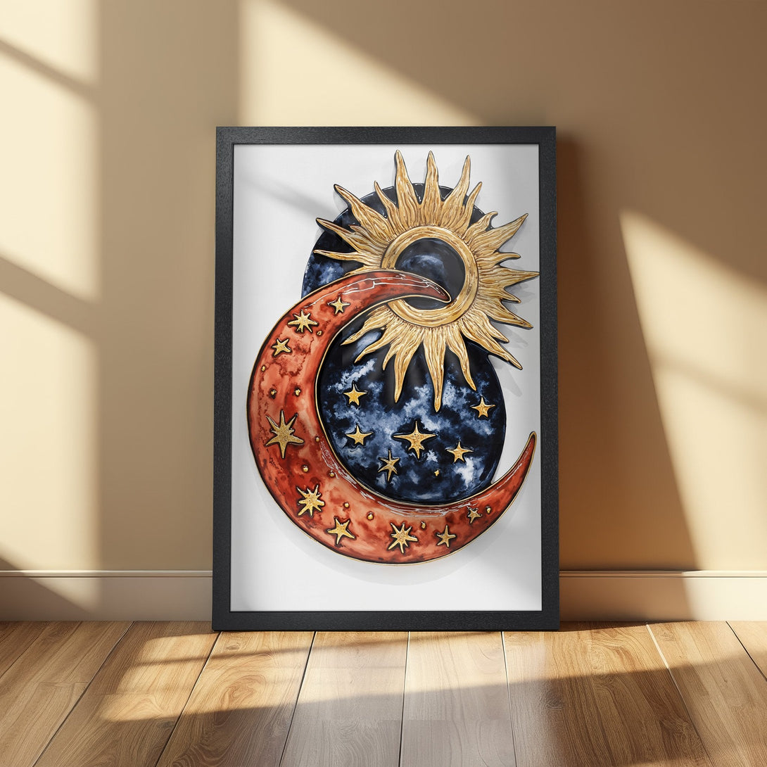 Framed Poster featuring celestial art with sun, moon, and stars. Boho style with warm red, gold, and blue color palette. Perfect wall decor.