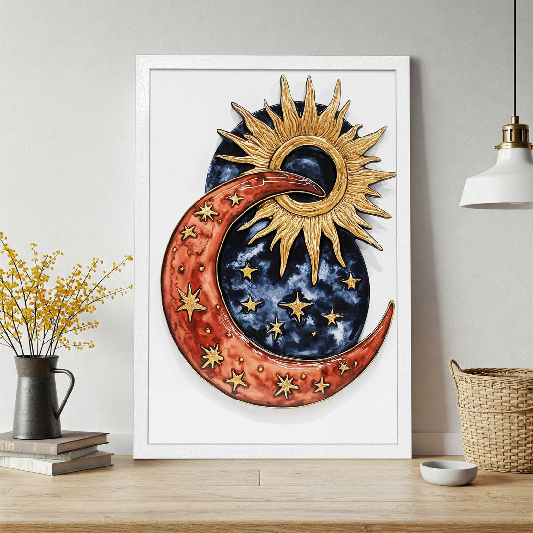Framed Poster featuring celestial art: sun, moon, and stars in gold, red, and blue. Perfect wall decor!