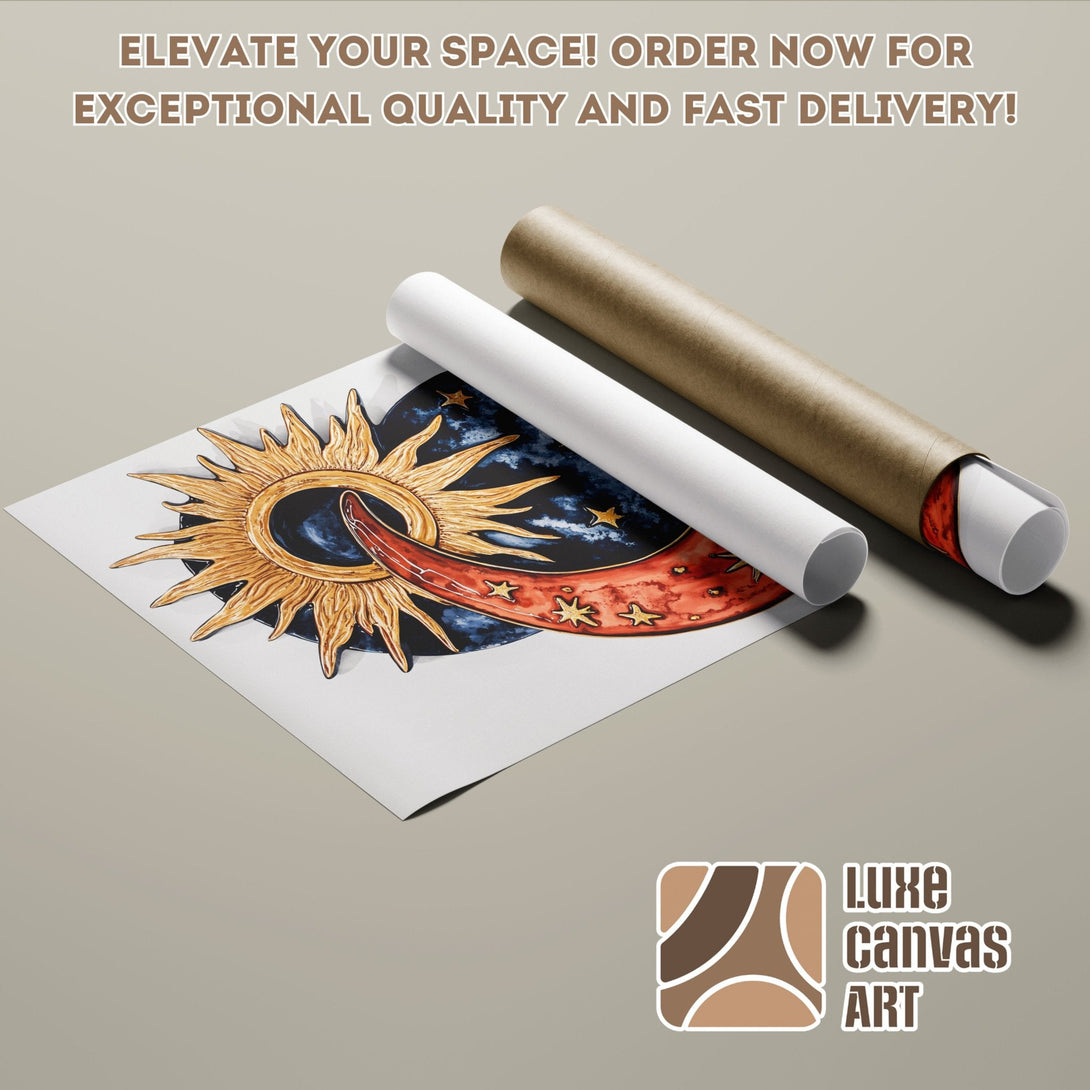 Poster Roll featuring a celestial sun and moon design in warm earth tones and blue. Elevate your space with this art poster!