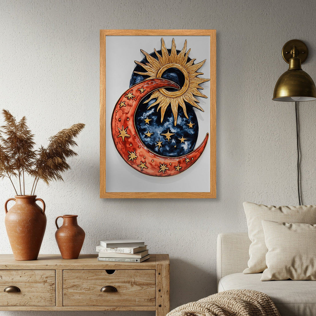 Framed Poster featuring a celestial design with a sun, moon, and stars. Rustic style with warm red, gold, and blue tones. Perfect wall art.